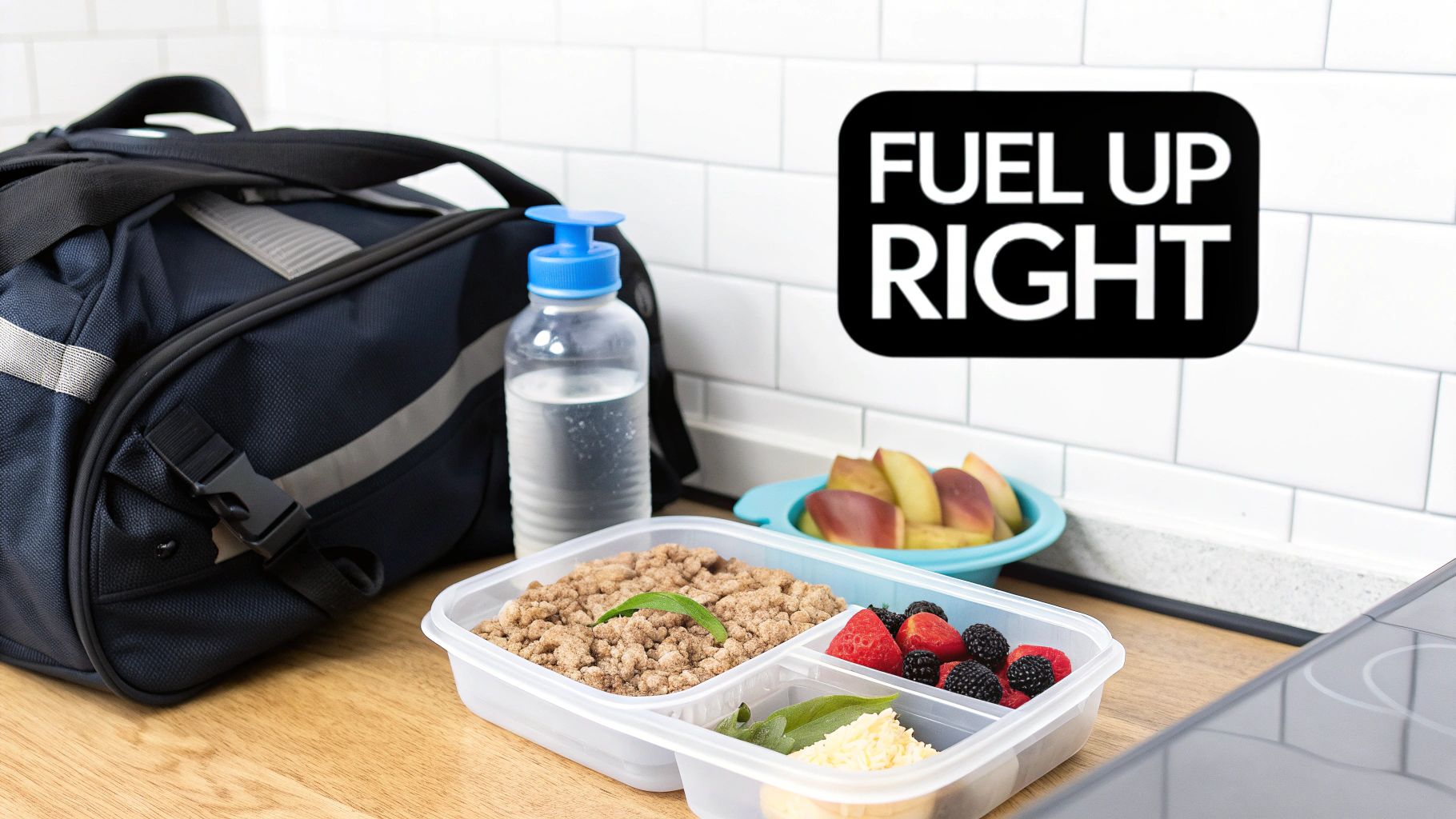 A gym bag, water bottle, and healthy meal prep containers with food for fueling up right.