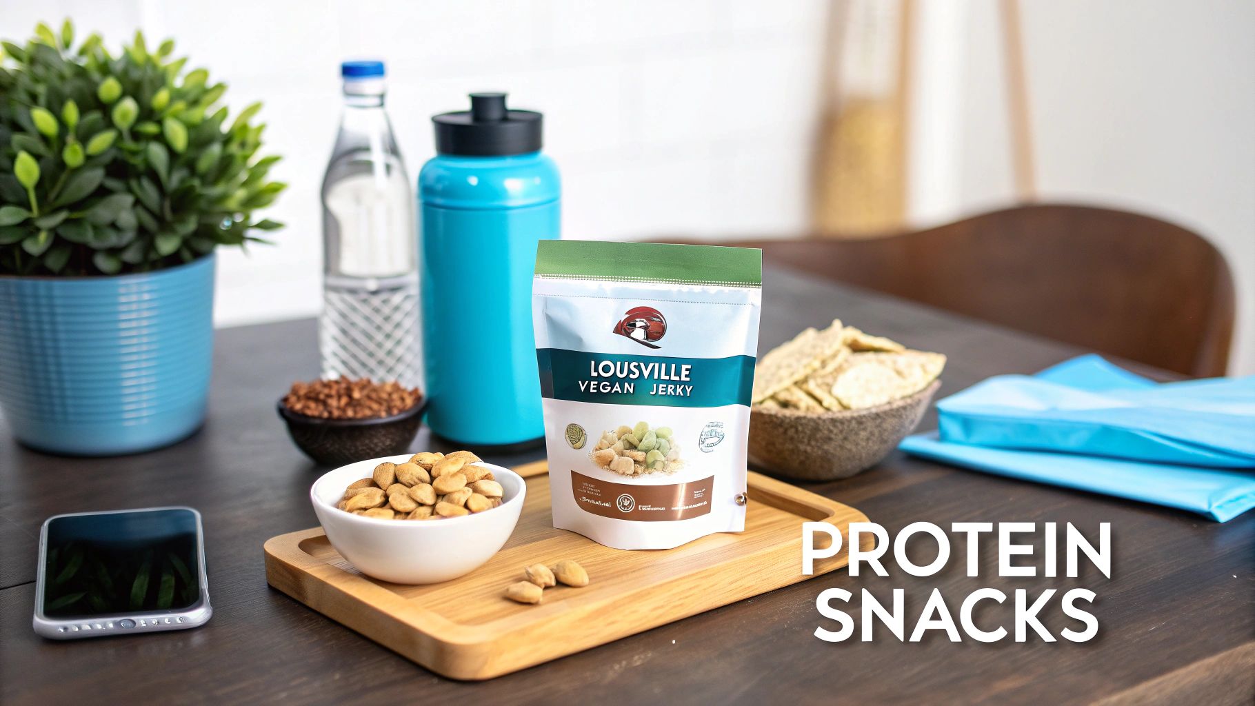 Healthy protein snacks including Louisville Vegan Jerky, almonds, and water bottles on a wooden table.