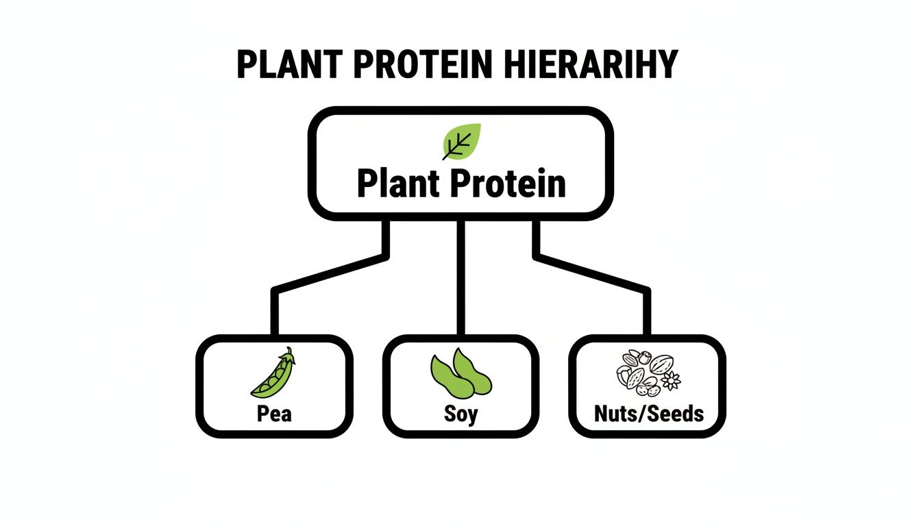 A hierarchy chart illustrating plant protein sources like peas, soy, nuts, and seeds with icons.