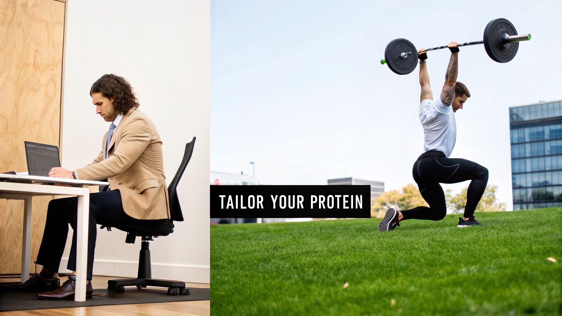 A split image contrasting a man working on a laptop and an athlete lifting a barbell, with 'TAILOR YOUR PROTEIN' text.