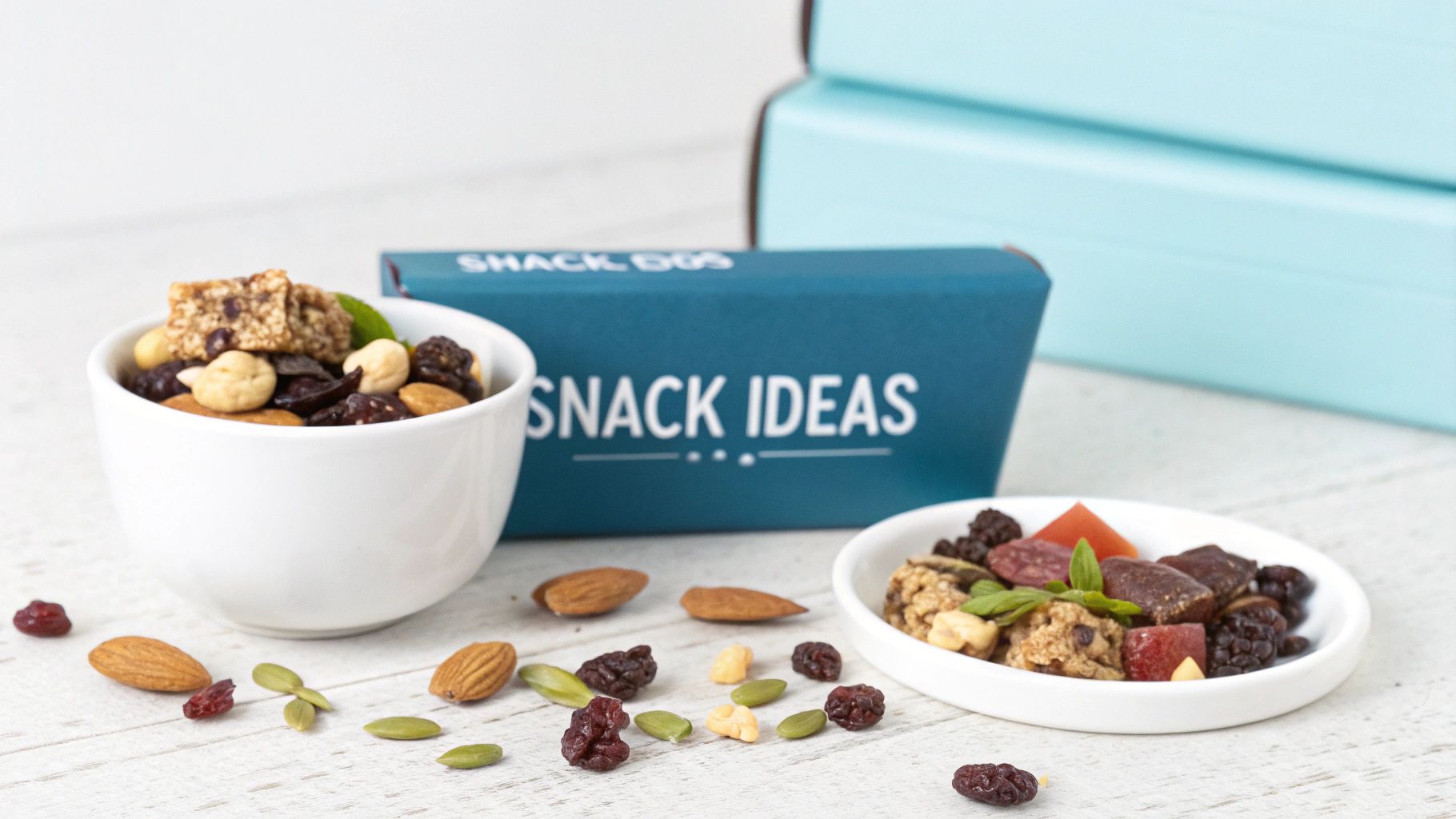 Healthy snack bowls filled with nuts, dried fruits, granola bars, and jerky, next to a "Snack Ideas" box.