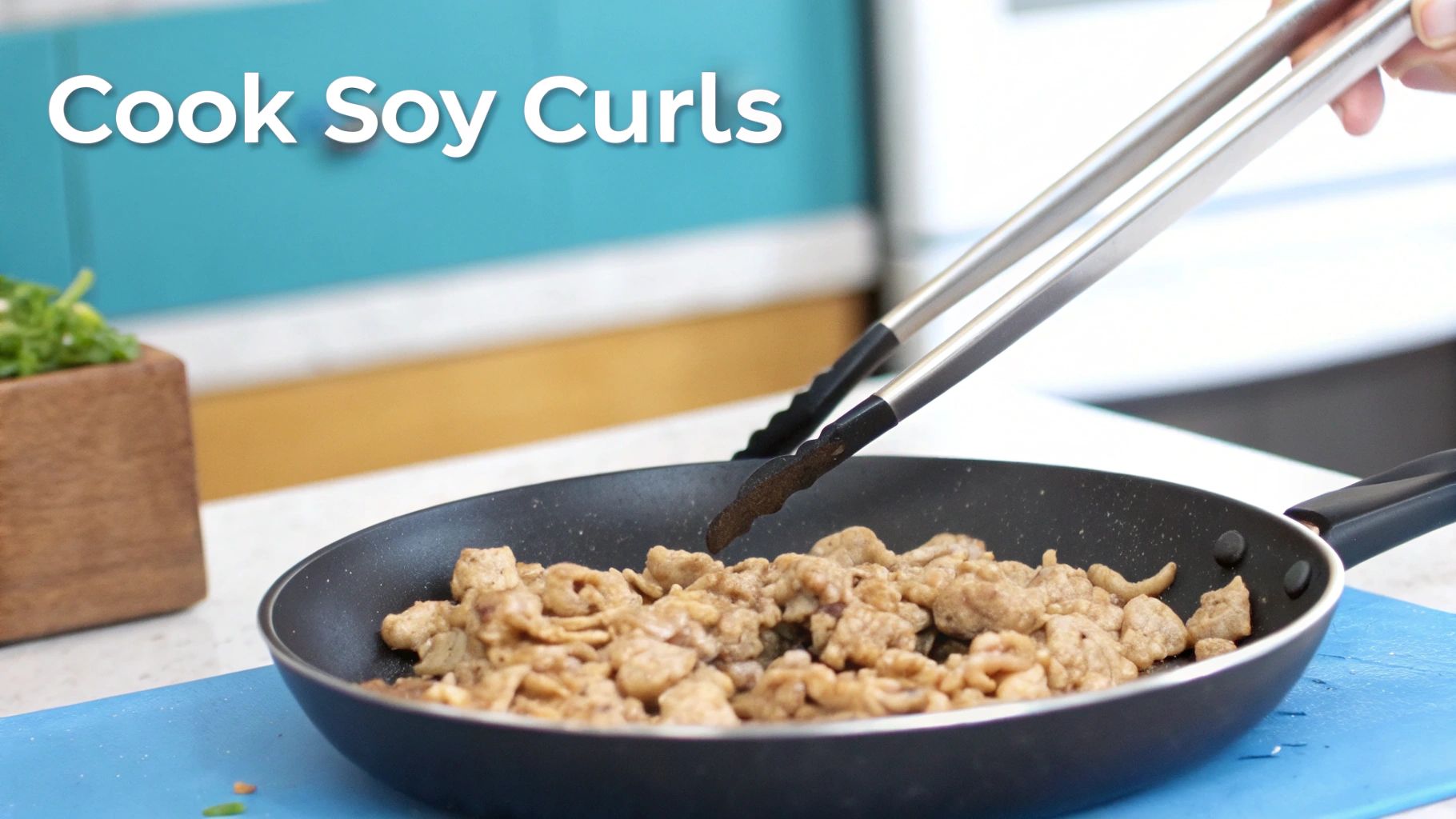 A skillet filled with freshly cooked, browned soy curls, showcasing their meaty texture.