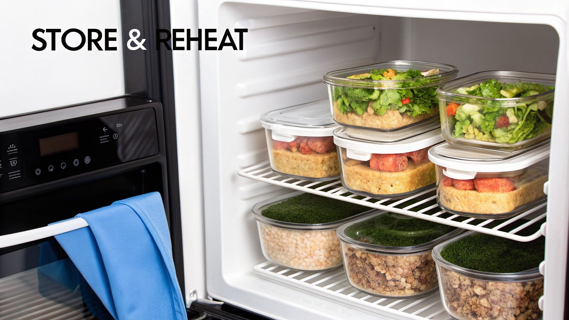 An open refrigerator filled with clear containers of healthy meal-prepped food, next to an oven.