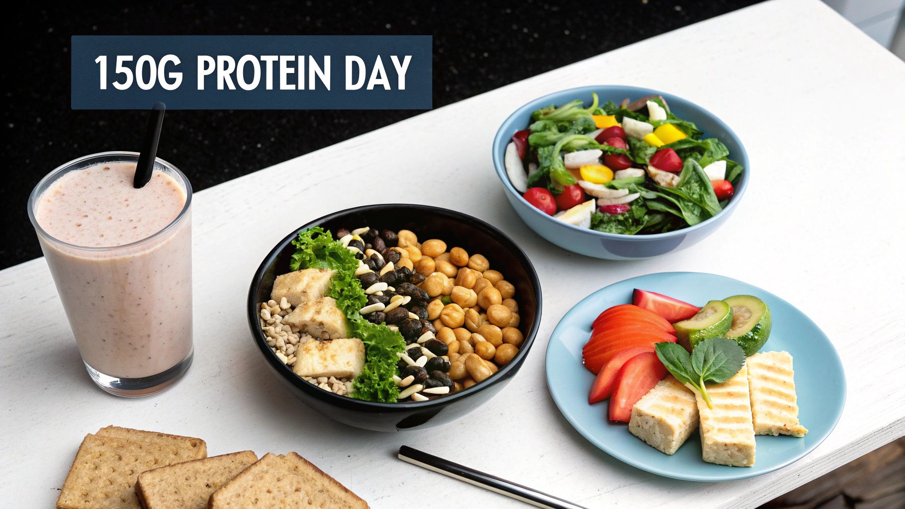 A collection of plant-based high-protein meals, including a shake, salad, and tofu, for a 150g protein day.