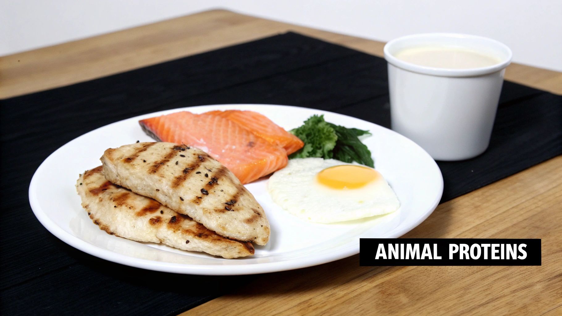 A plate featuring grilled chicken breasts, salmon, a fried egg, and greens, with a cup of milk, representing animal proteins.