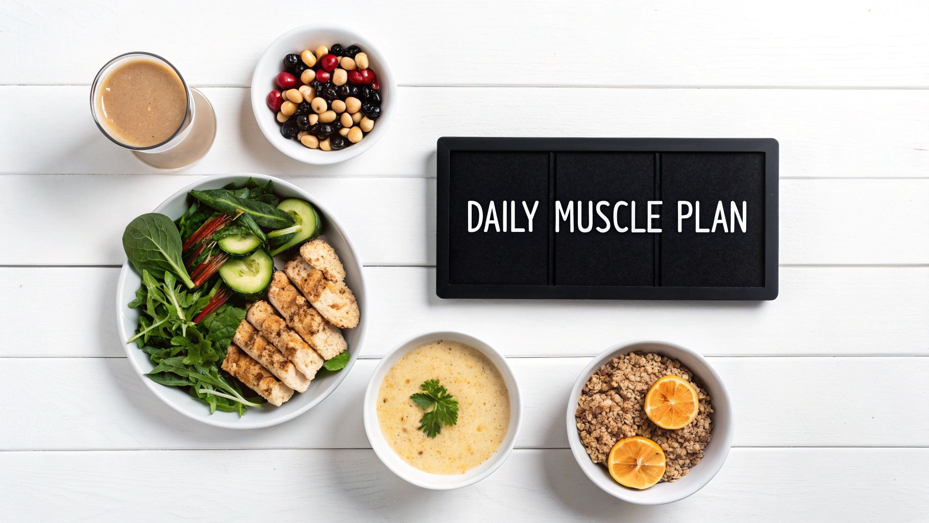 Overhead shot of a daily muscle plan with various healthy meals, a smoothie, and snacks on a white table.