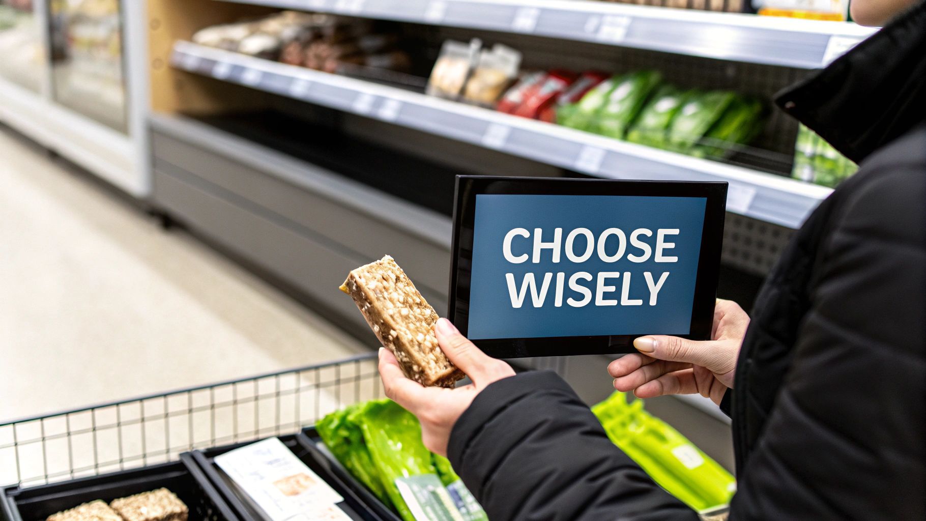 Person holding a granola bar and a tablet with 'CHOOSE WISELY' in a grocery store.
