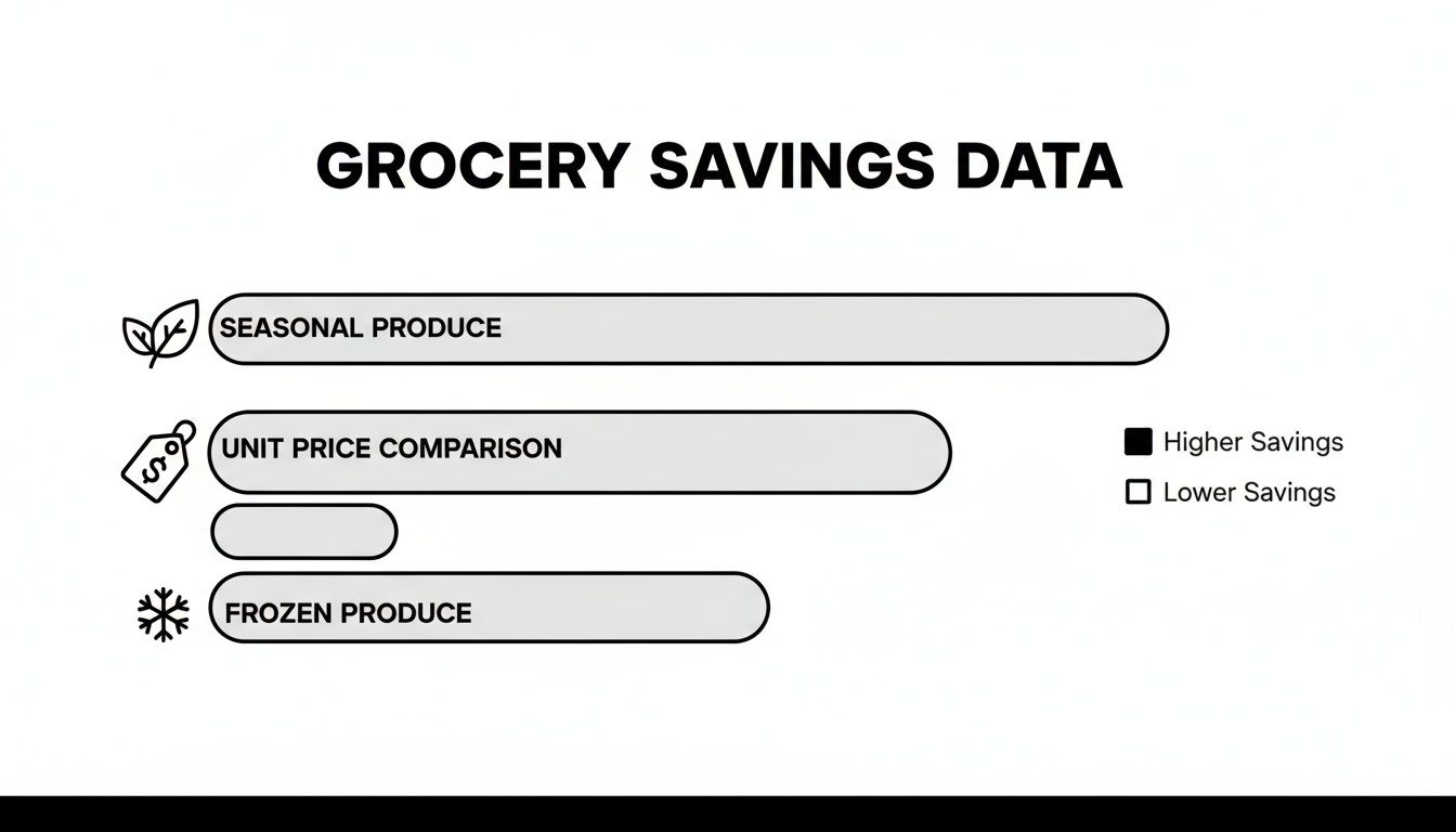 A bar chart titled 'Grocery Savings Data' comparing savings for seasonal, unit price, and frozen produce.
