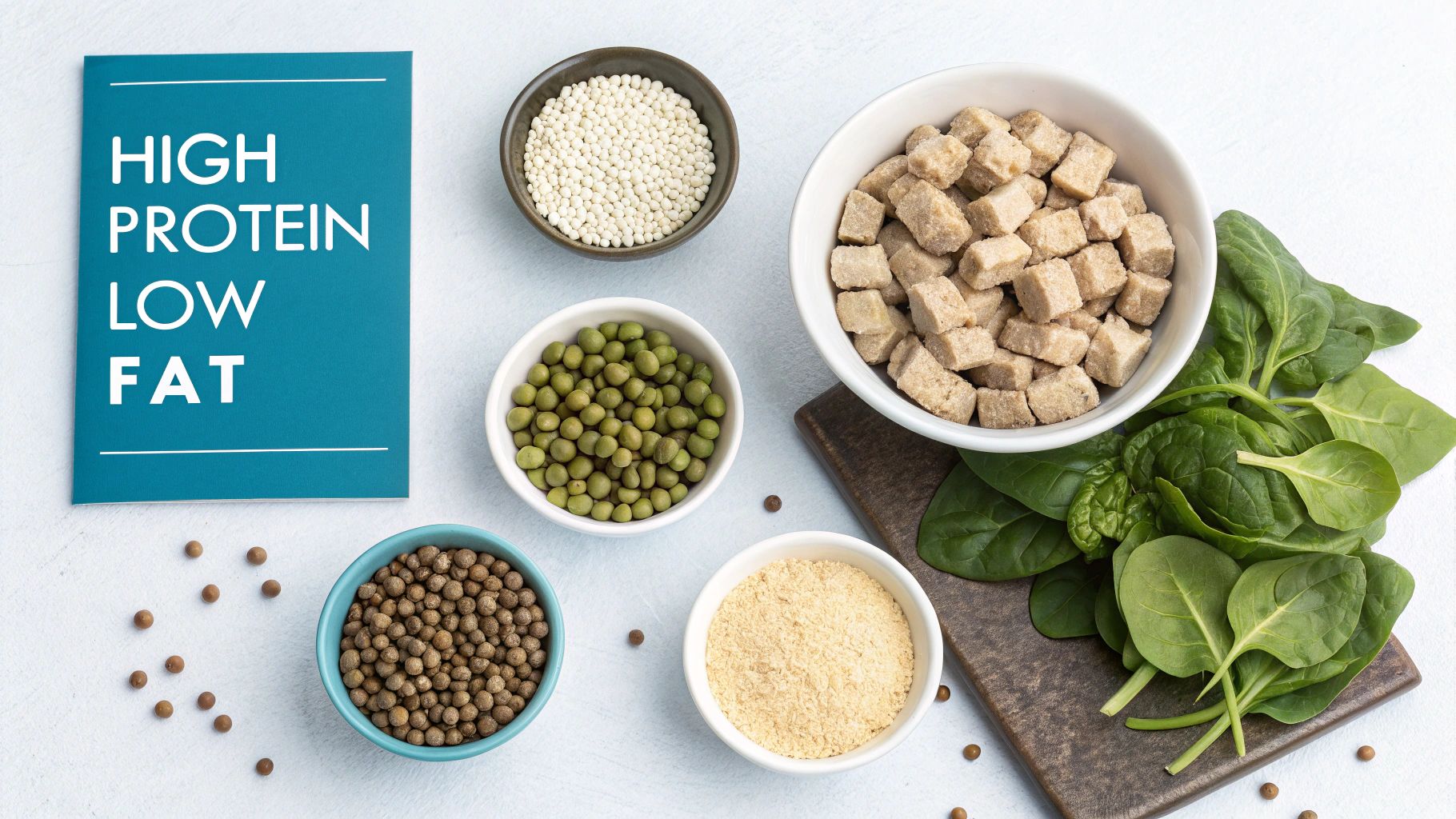 A bowl of various plant-based ingredients like soy and peas, representing what goes into vegetarian meat crumbles.