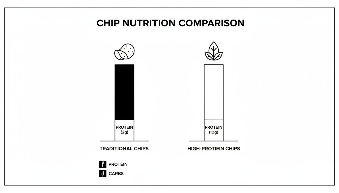 A bar chart comparing traditional chips (2g protein, high carbs) with high-protein chips (10g protein, lower carbs).
