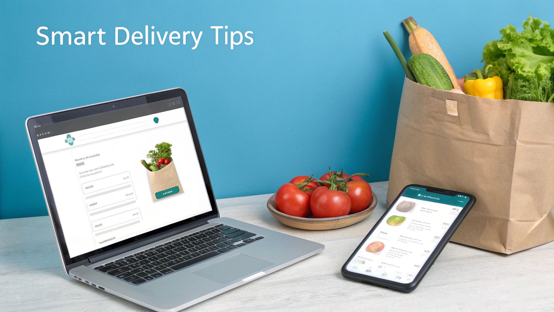 Laptop and smartphone showing smart grocery delivery services with fresh fruits and vegetables.
