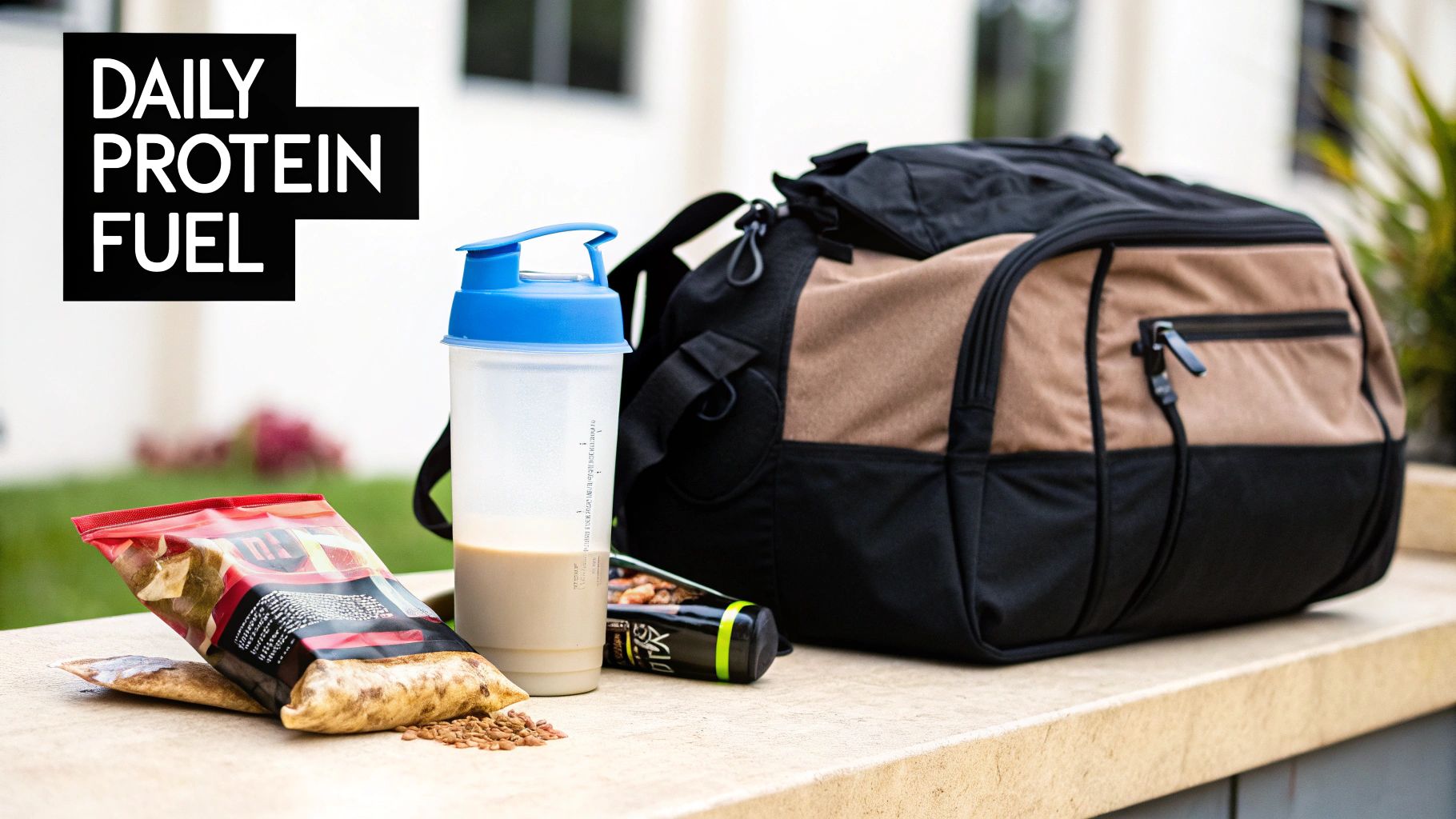 A gym bag, protein shaker bottle with liquid, and pea protein packets on a stone bench.