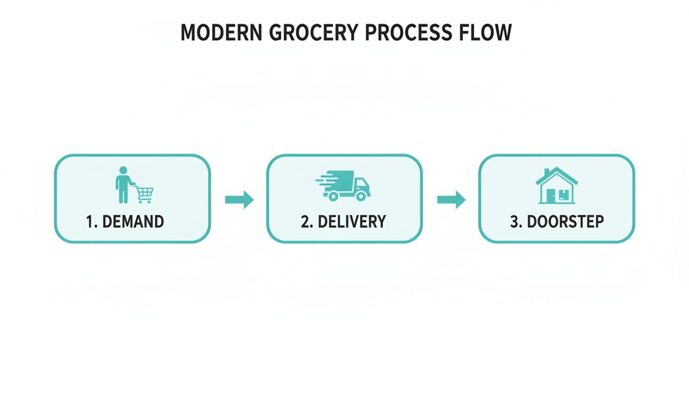 Modern grocery delivery process flow infographic, from customer demand to doorstep delivery.