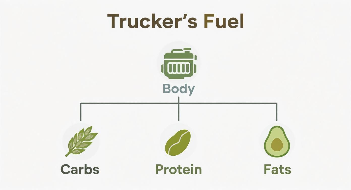 An infographic titled 'Trucker's Fuel,' showing the body needs carbs, protein, and fats.