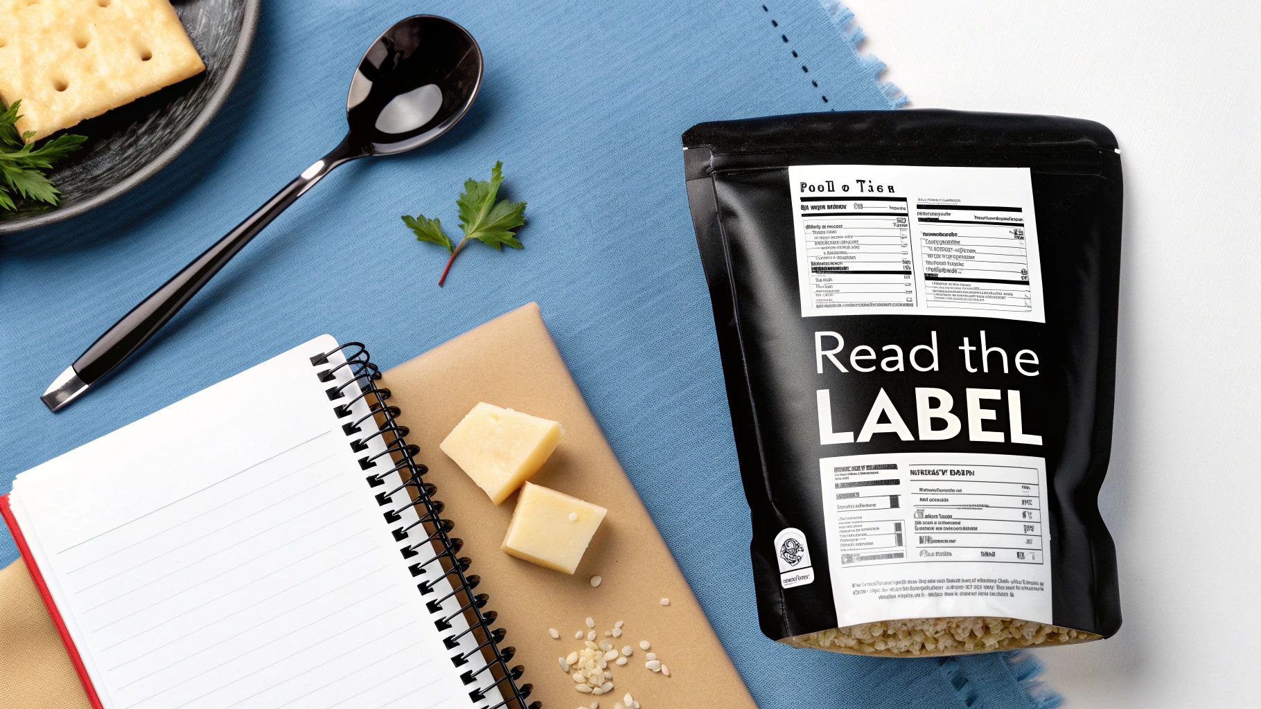 A health-conscious snack setup with a 'Read the LABEL' pouch, cheese, crackers, and a notebook.