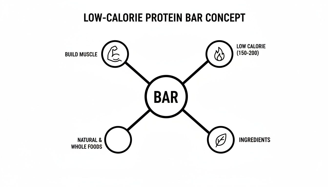 A concept map illustrating a low-calorie protein bar, highlighting muscle building, 150-200 calories, and natural ingredients.