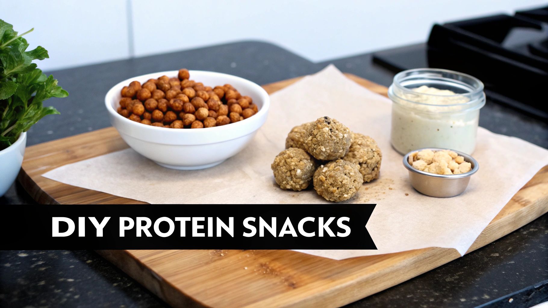 A variety of DIY protein snacks including roasted chickpeas, energy balls, and a creamy dip.