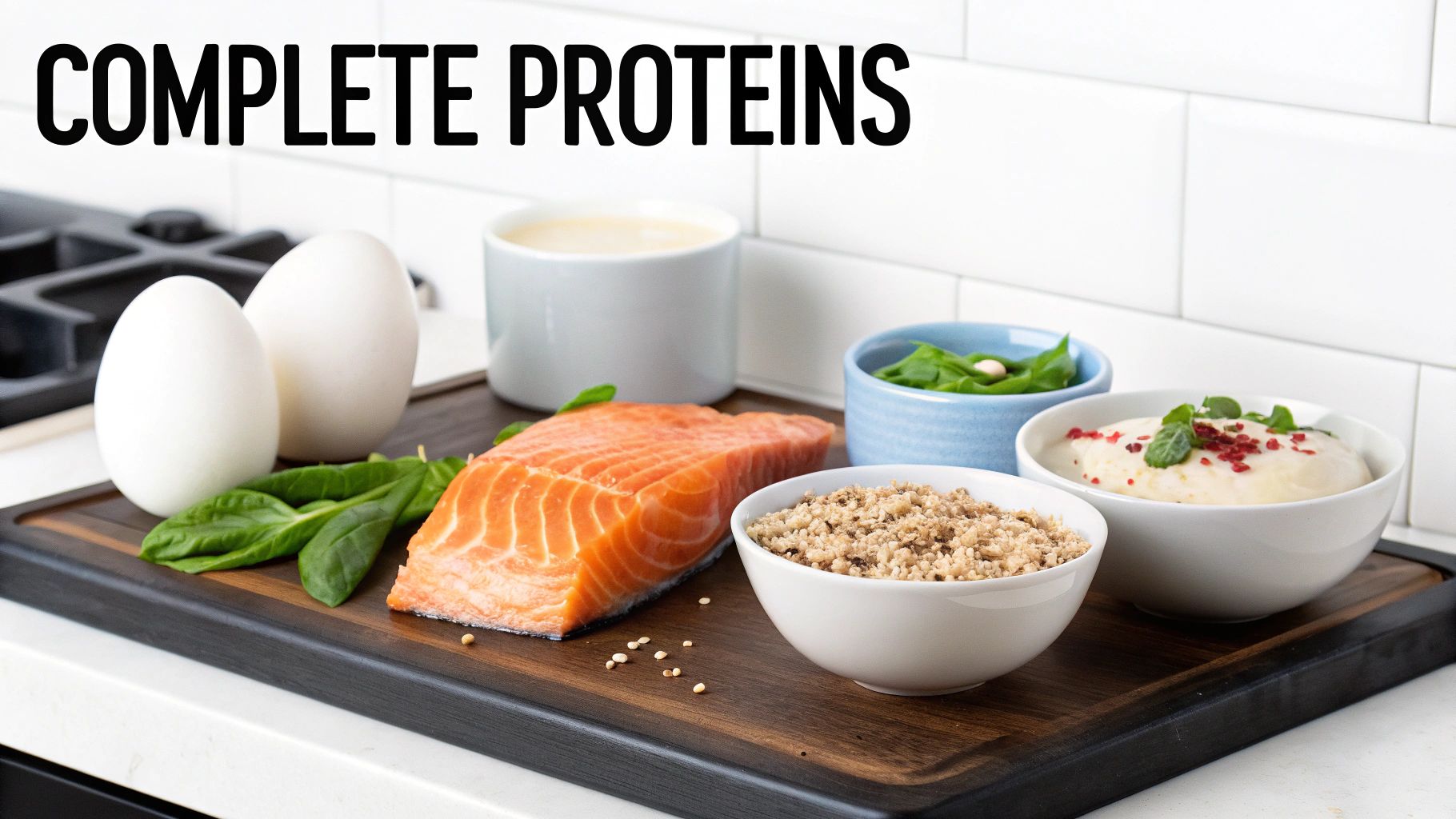 A collection of complete protein foods including salmon, eggs, quinoa, spinach, and yogurt.