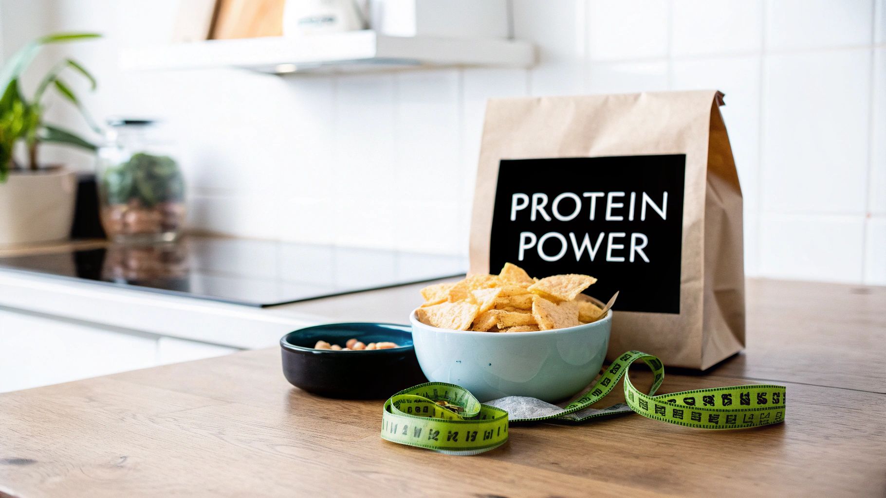 A bowl of protein chips next to gym equipment, symbolizing a healthy snacking choice for fitness goals.