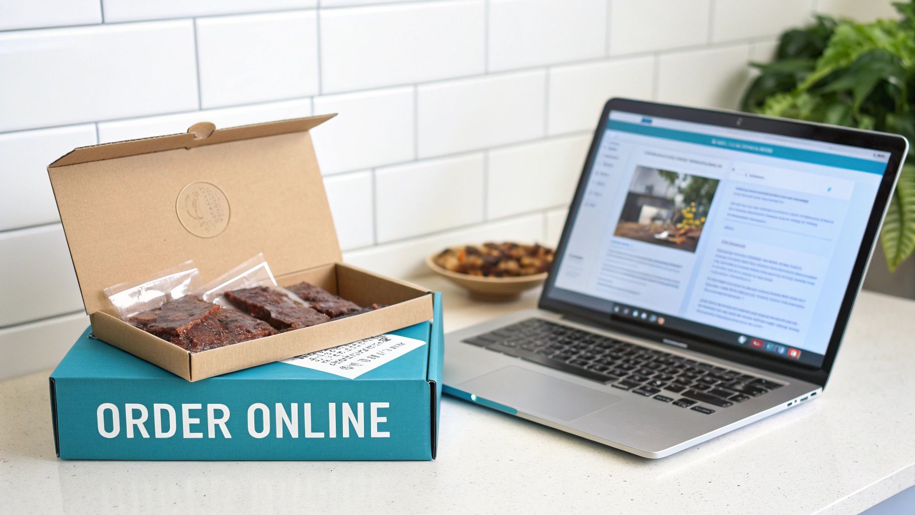 A box of vegan jerky snacks sits on a blue 'ORDER ONLINE' box next to a laptop.