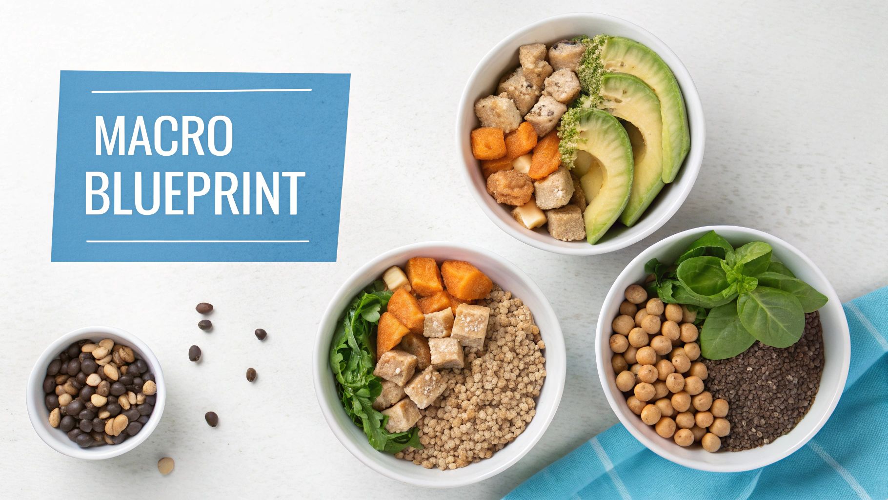 Three white bowls filled with various plant-based macro meals, including tofu, avocado, sweet potato, and greens.