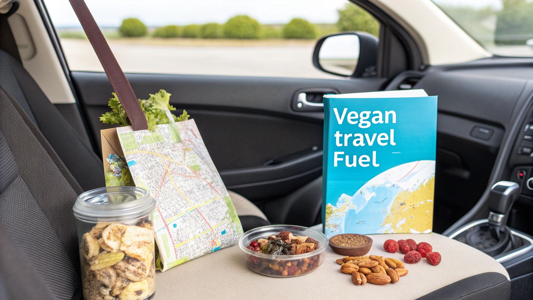 A person's hands holding a variety of colorful vegan snacks, ready for a road trip.