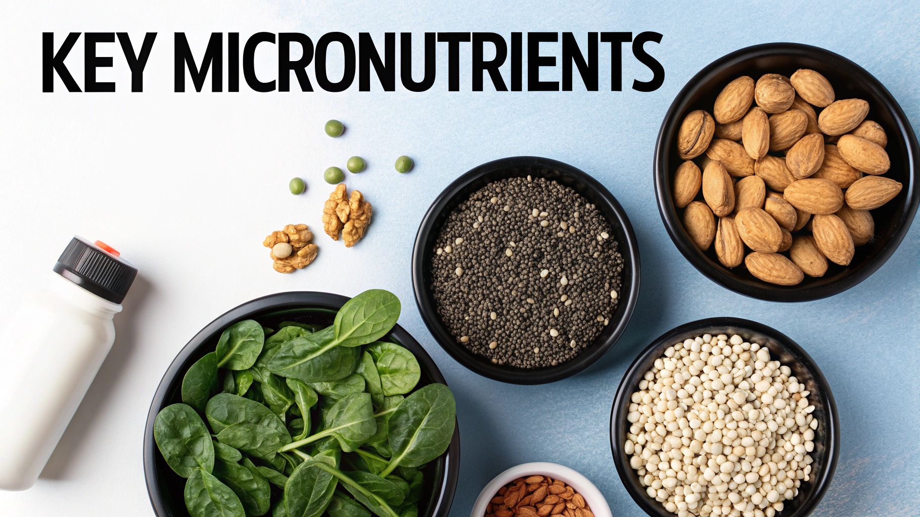 Overhead flat lay of plant-based micronutrient-rich foods including spinach, almonds, walnuts, peas, and seeds.