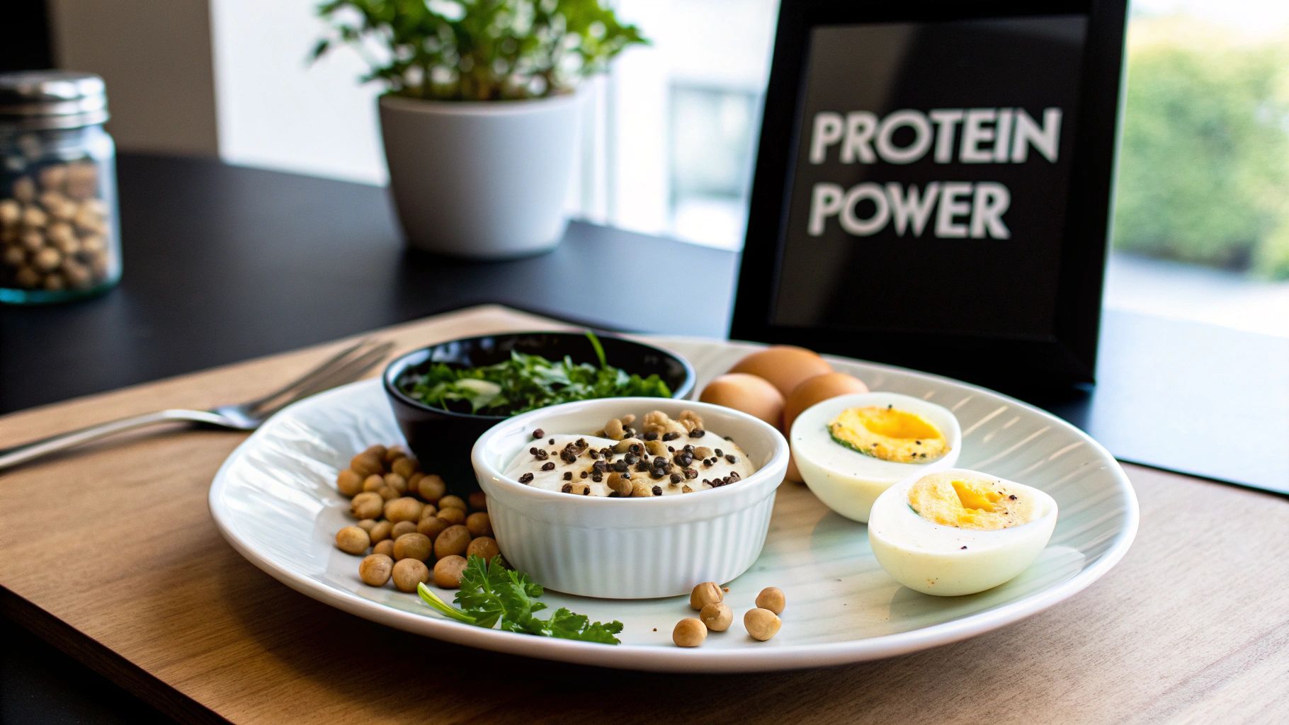 A healthy protein-rich meal with hard-boiled eggs, chickpeas, yogurt, and greens on a plate.
