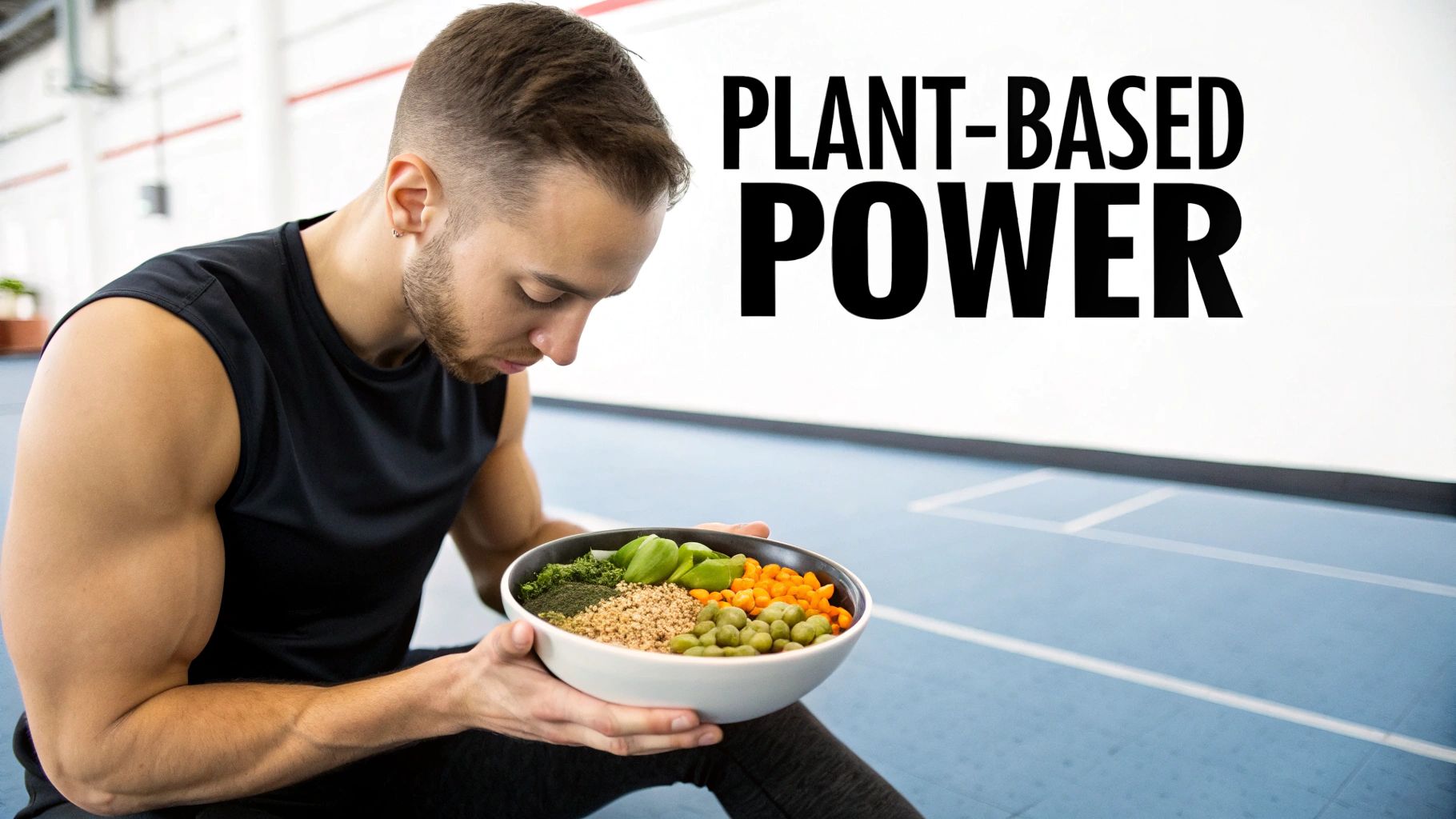 A fit man in a black tank top holds a plant-based food bowl, promoting 'Plant-Based Power'.