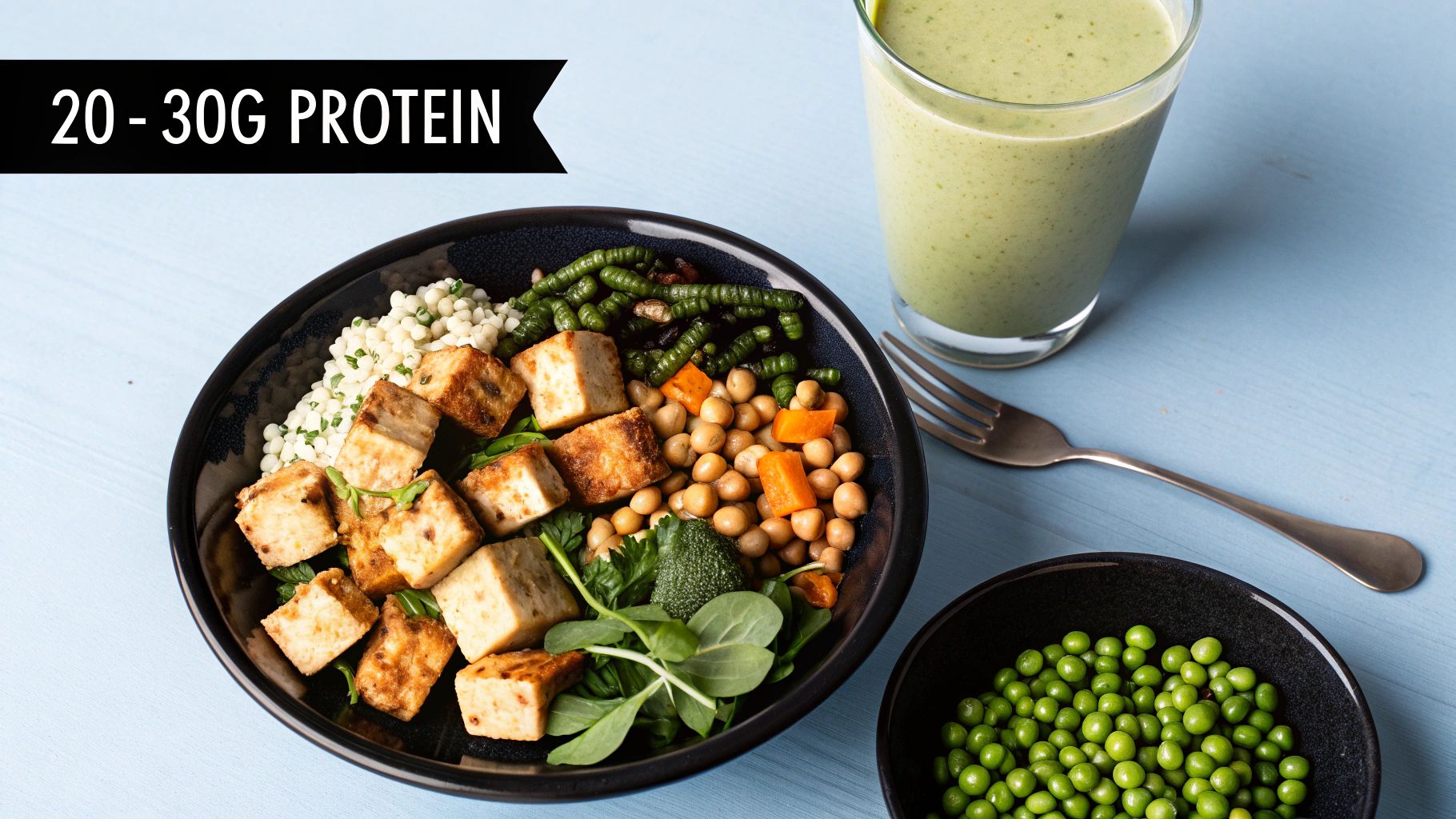 A healthy plant-based meal with crispy tofu, chickpeas, couscous, and a green protein smoothie.