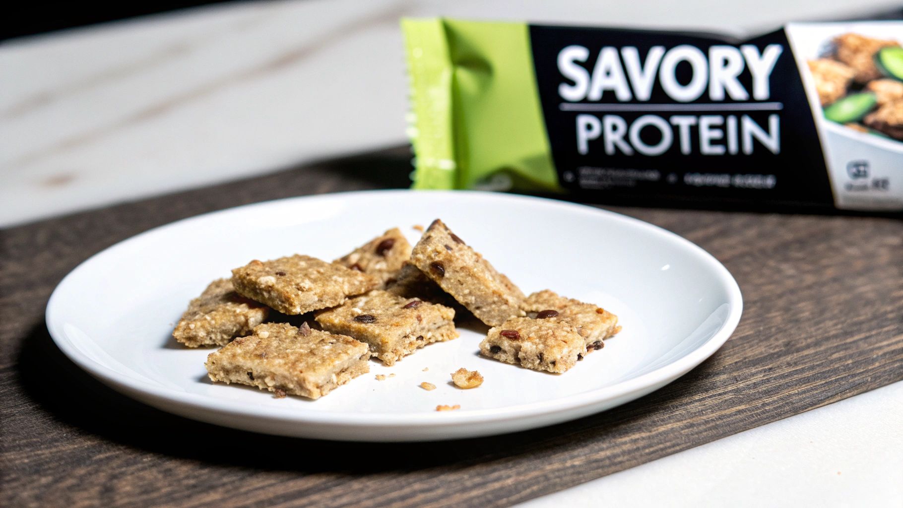 Savory protein bar pieces on a white plate with the product packaging in the background.