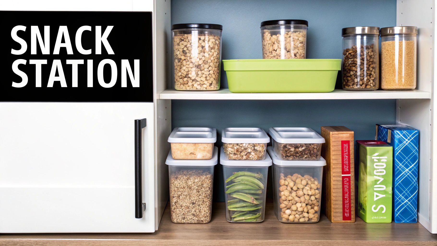 An organized snack station in a pantry with clear containers filled with various healthy snacks and dry goods.