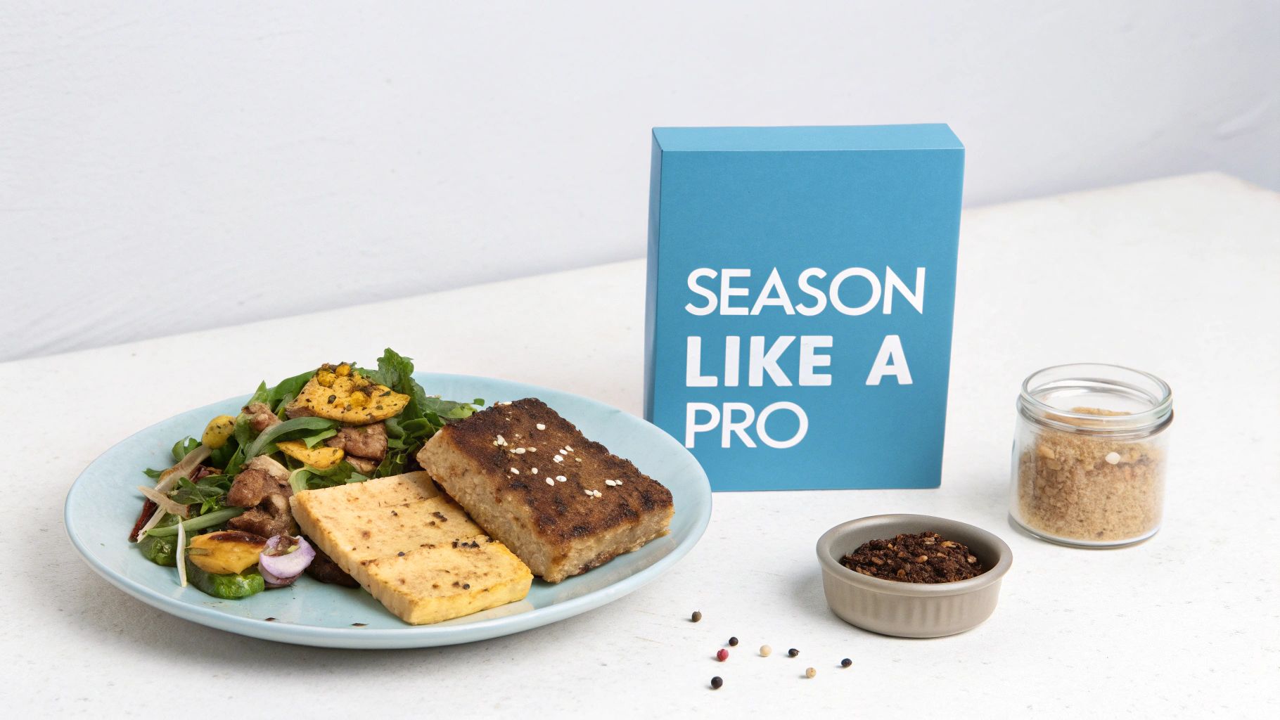 A healthy meal featuring seasoned tofu, a colorful salad, and various spices on a white table.