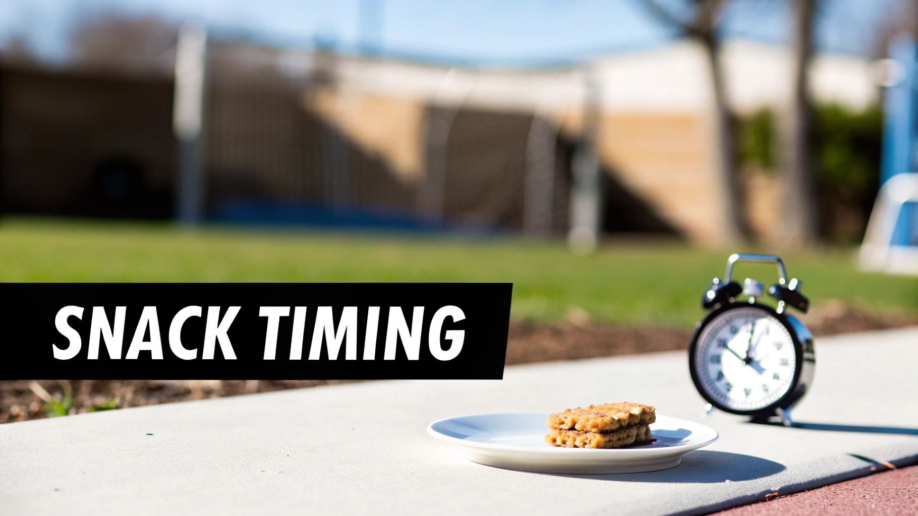 An outdoor scene with a plate of snacks and an alarm clock, highlighting 'SNACK TIMING' text.