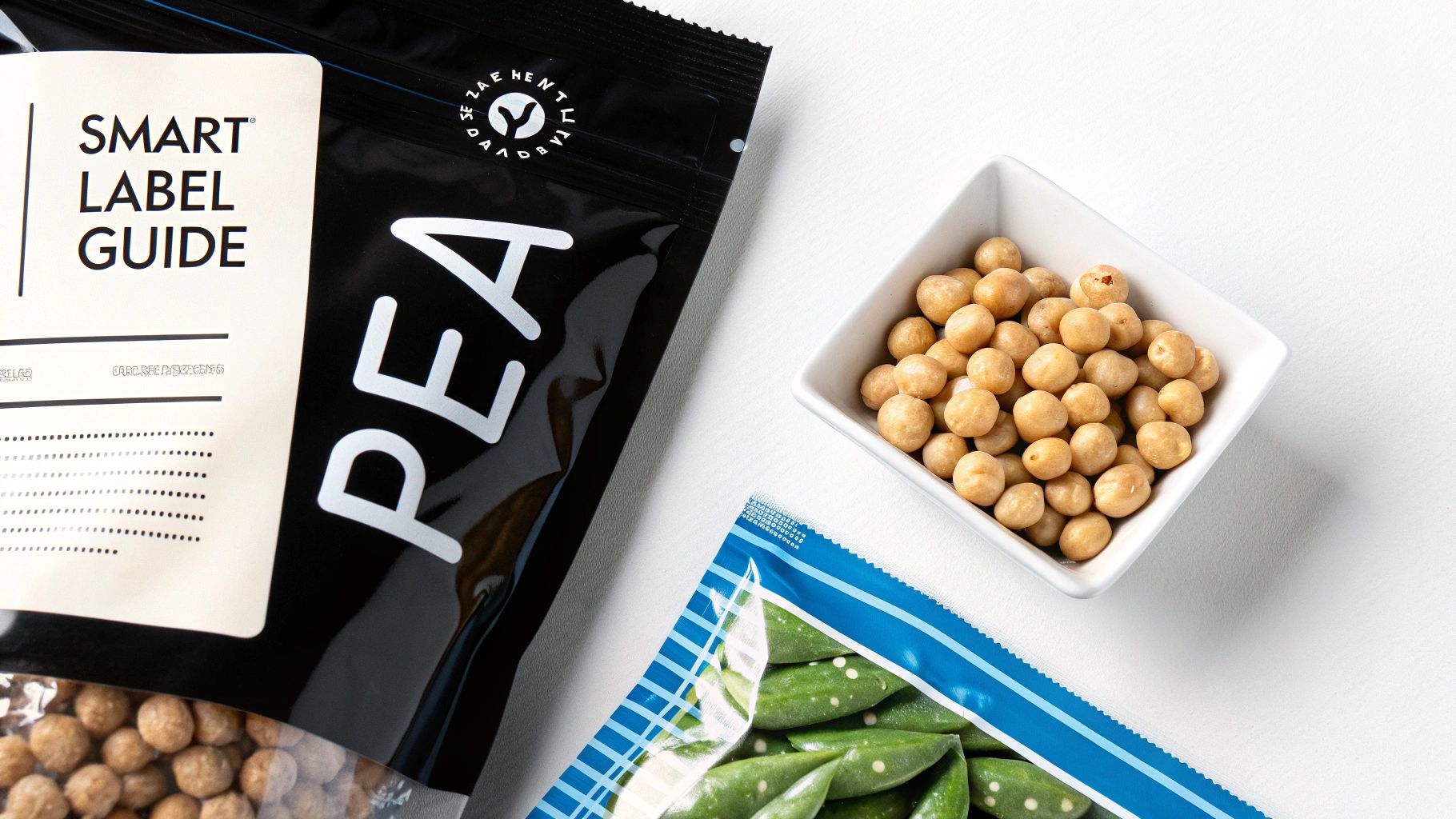 Overhead view of a black pouch labeled 'PEA', a white bowl of roasted peas, and a bag of green peas.