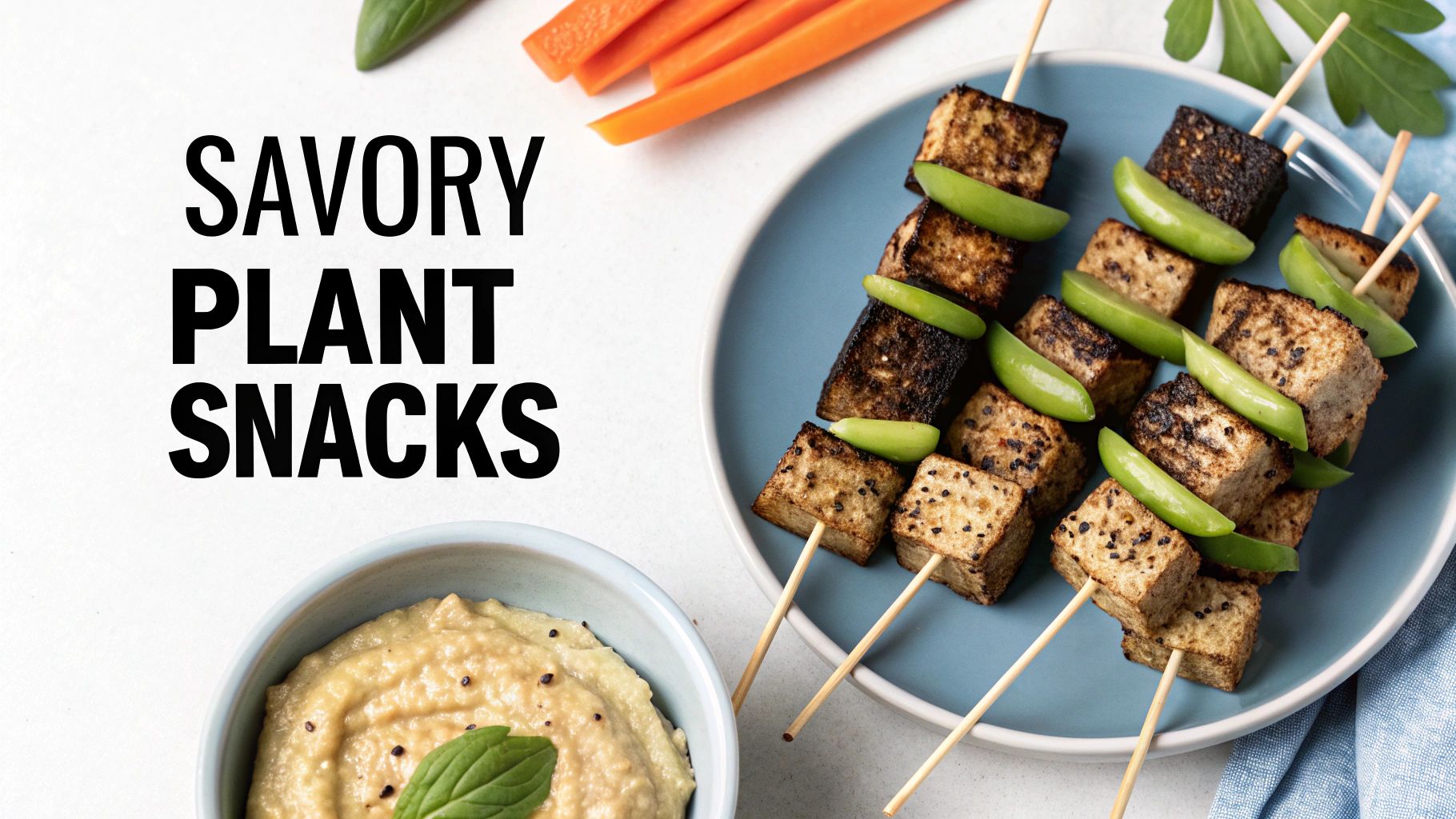 Grilled tofu and snap pea skewers on blue plate with hummus dip and carrot sticks