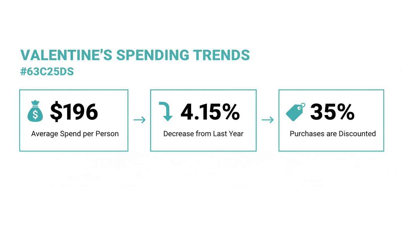 Infographic showing Valentine's Day spending trends: $196 average spend, 4.15% decrease from last year, and 35% discounted purchases.