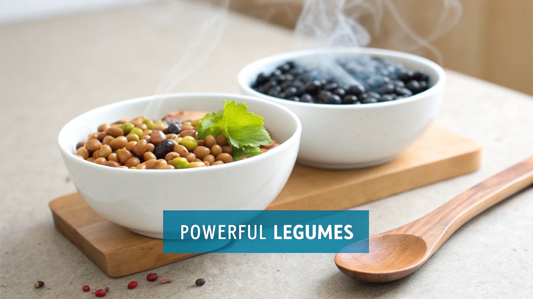 Two steaming bowls of diverse legumes, including black beans and mixed beans, on a table with a wooden spoon.