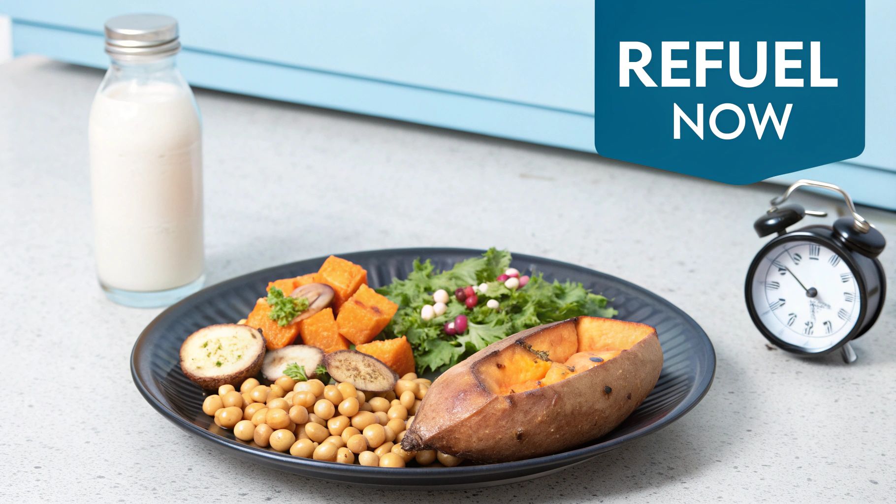 A plate of healthy food with sweet potato, chickpeas, greens, and a drink bottle.
