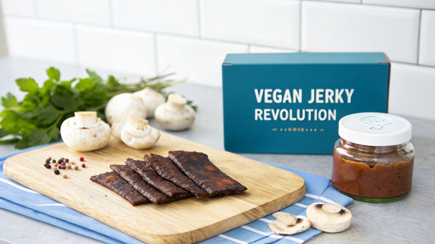 A bowl of freshly made vegan jerky, showcasing its chewy texture and rich, dark marinade.