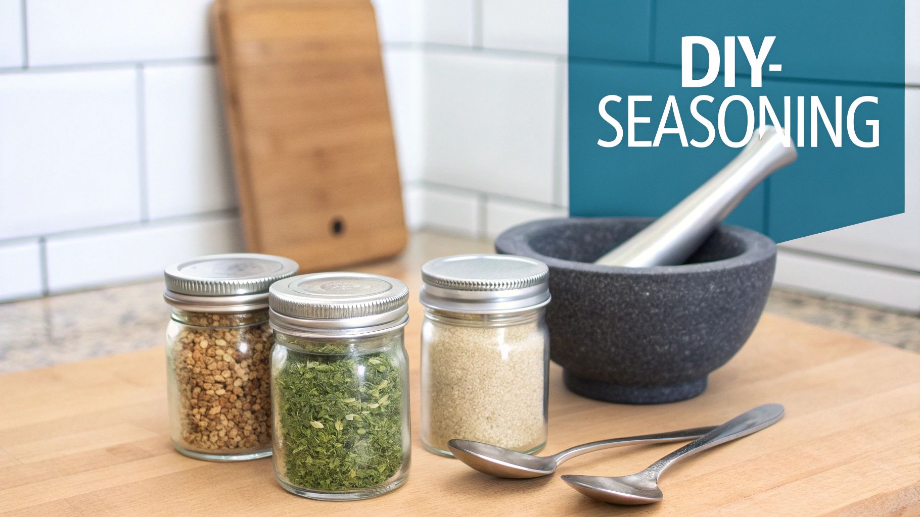 Jars of homemade seasonings, a mortar and pestle, and two spoons on a wooden kitchen counter.