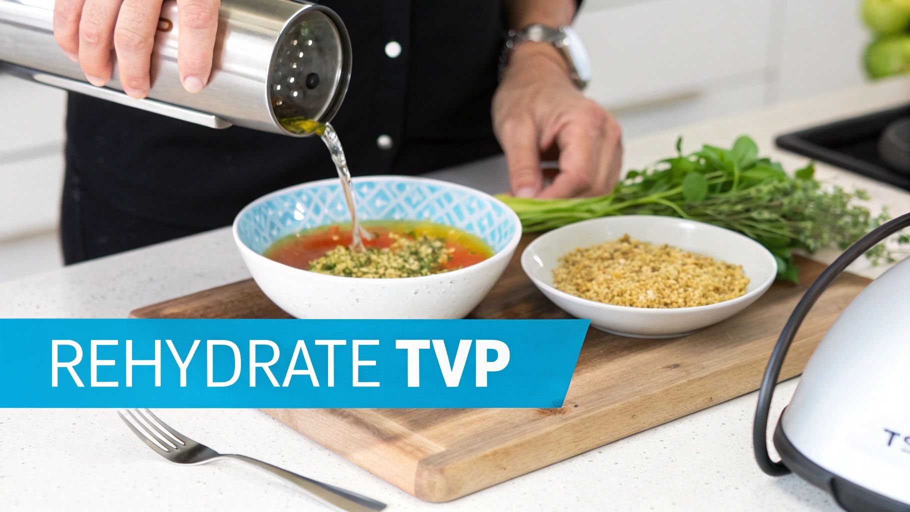 A person rehydrating textured vegetable protein (TVP) with liquid in a bowl, next to dry TVP and fresh herbs.