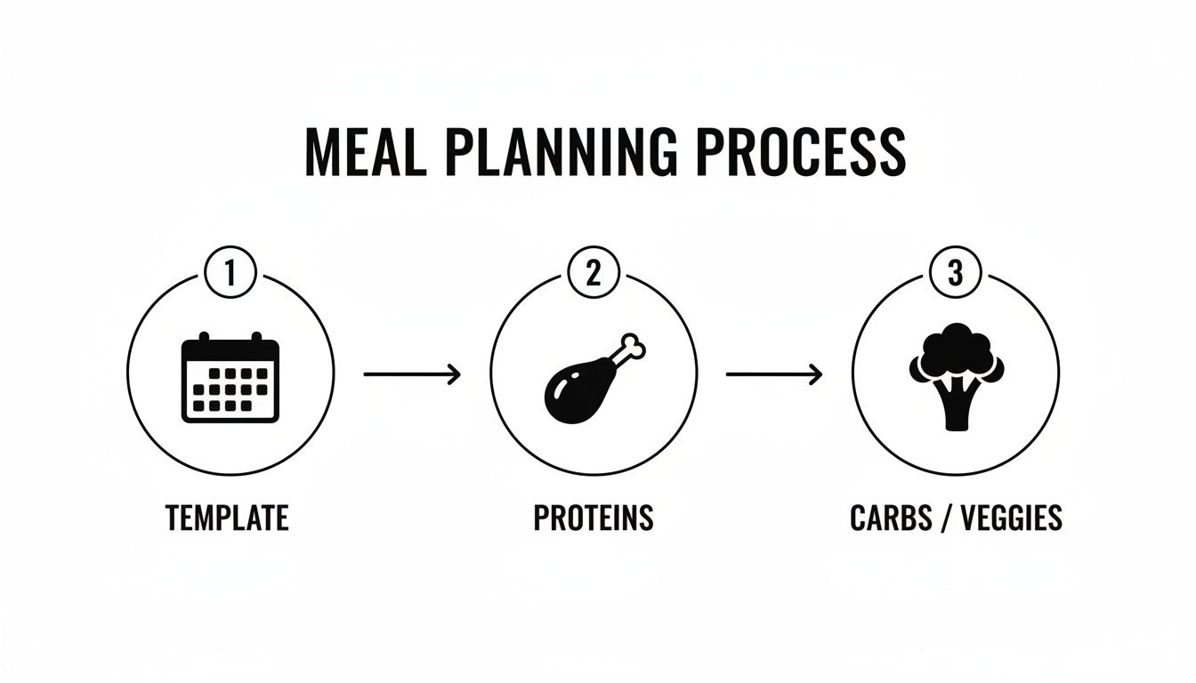 A simple diagram illustrating a 3-step meal planning process: Template, Proteins, and Carbs/Veggies.