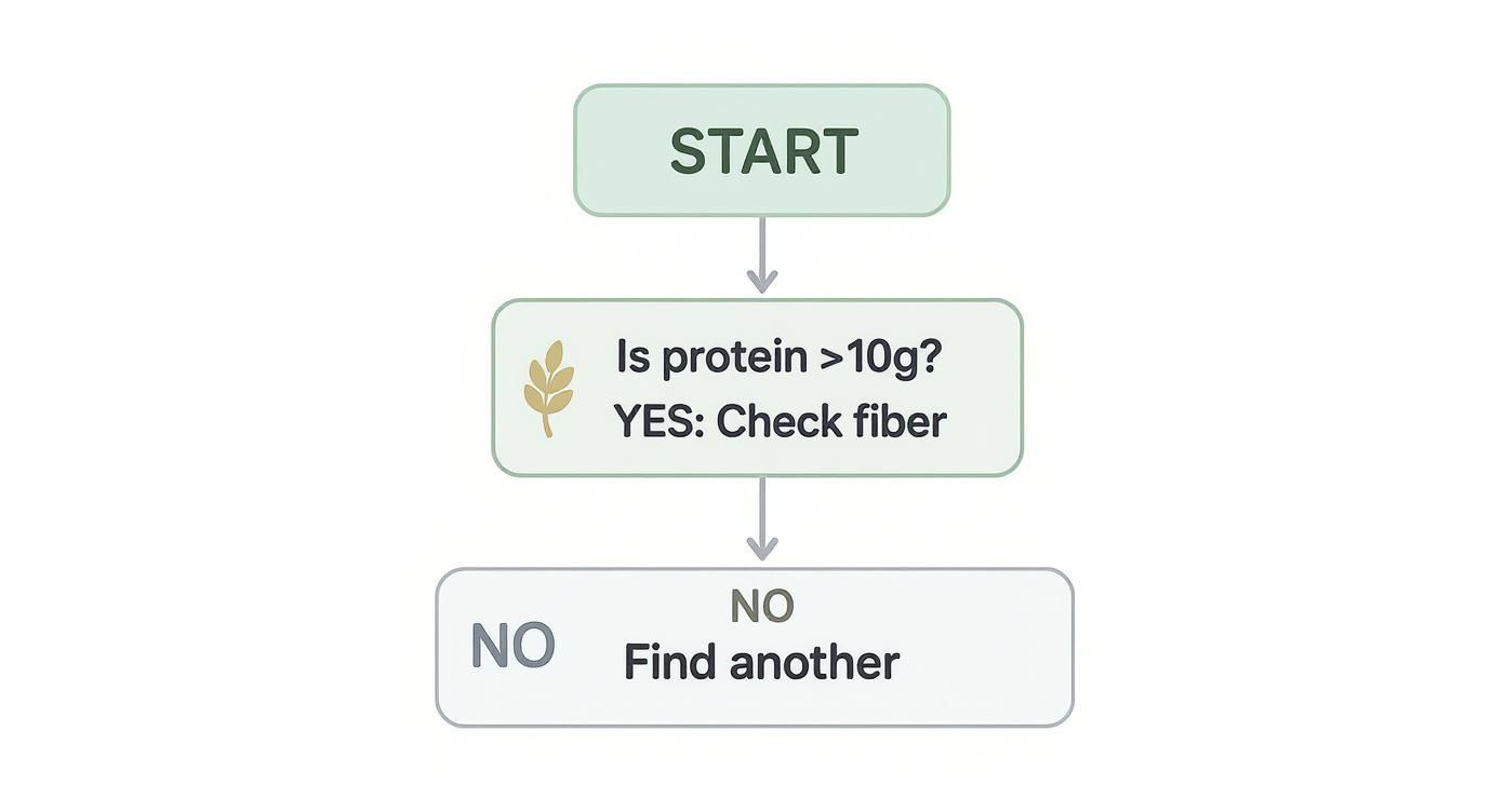 A simple flowchart for evaluating food: START, Is protein >10g? YES: Check fiber; NO: Find another.