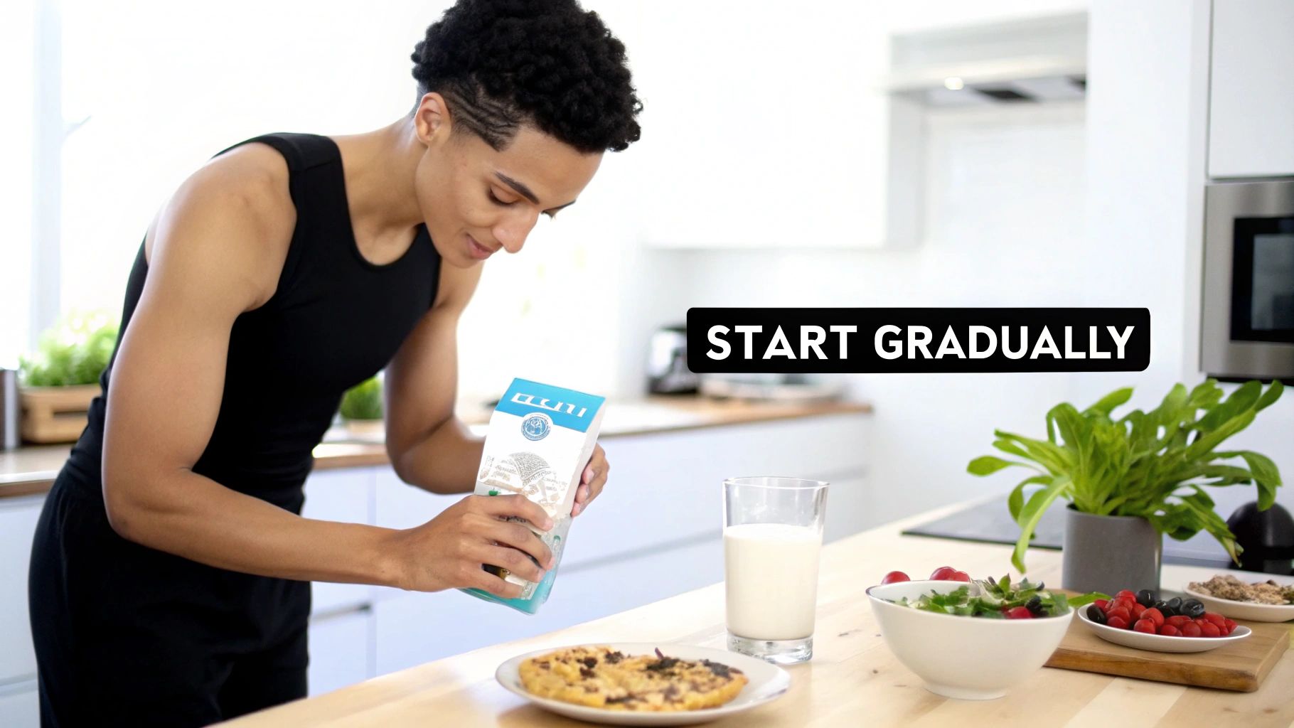 A young person in a modern kitchen preparing a healthy breakfast, including oats, milk, and fresh produce.