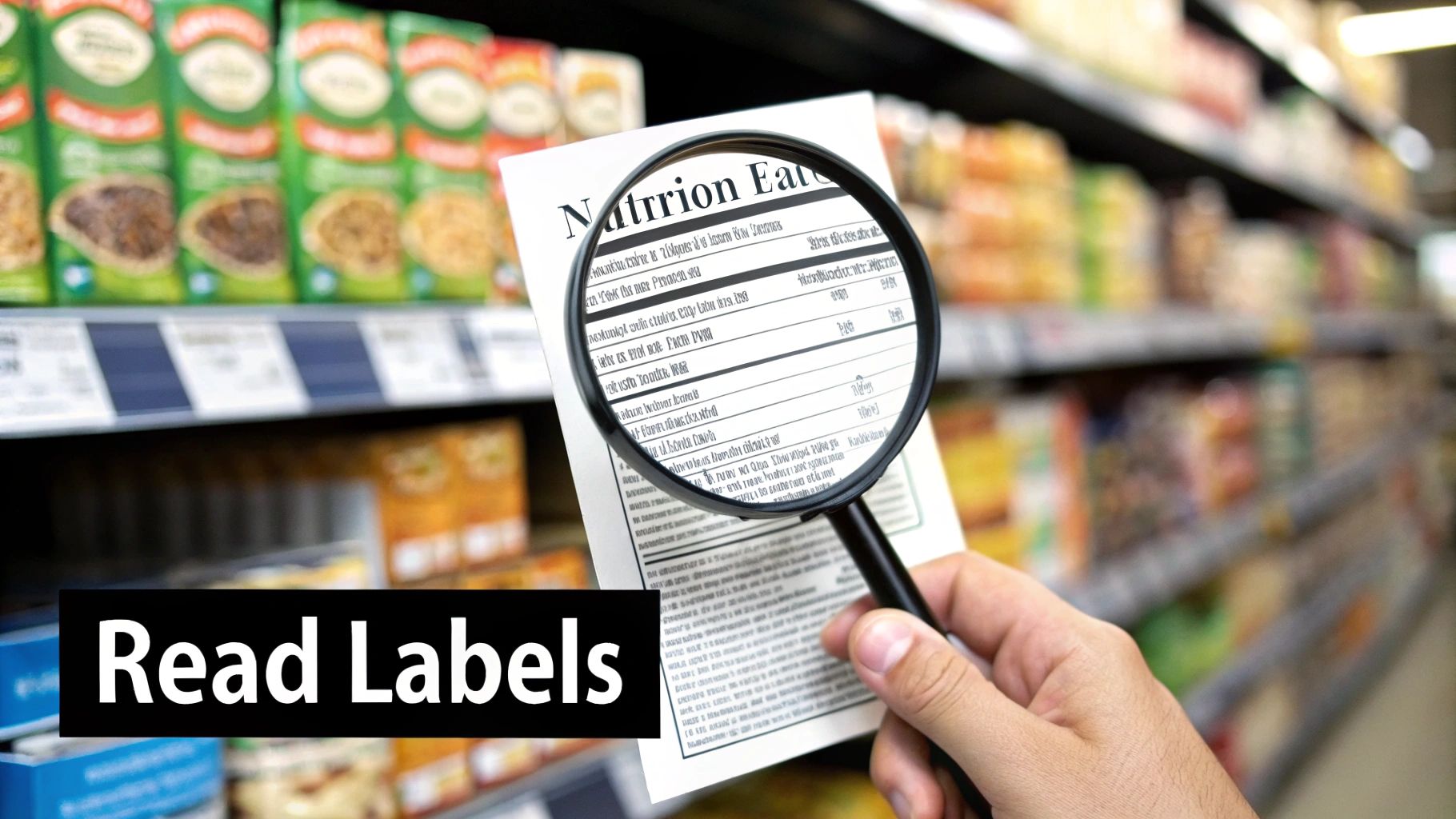 A person uses a magnifying glass to read a nutrition label on a product in a grocery store aisle, with "Read Labels" text.