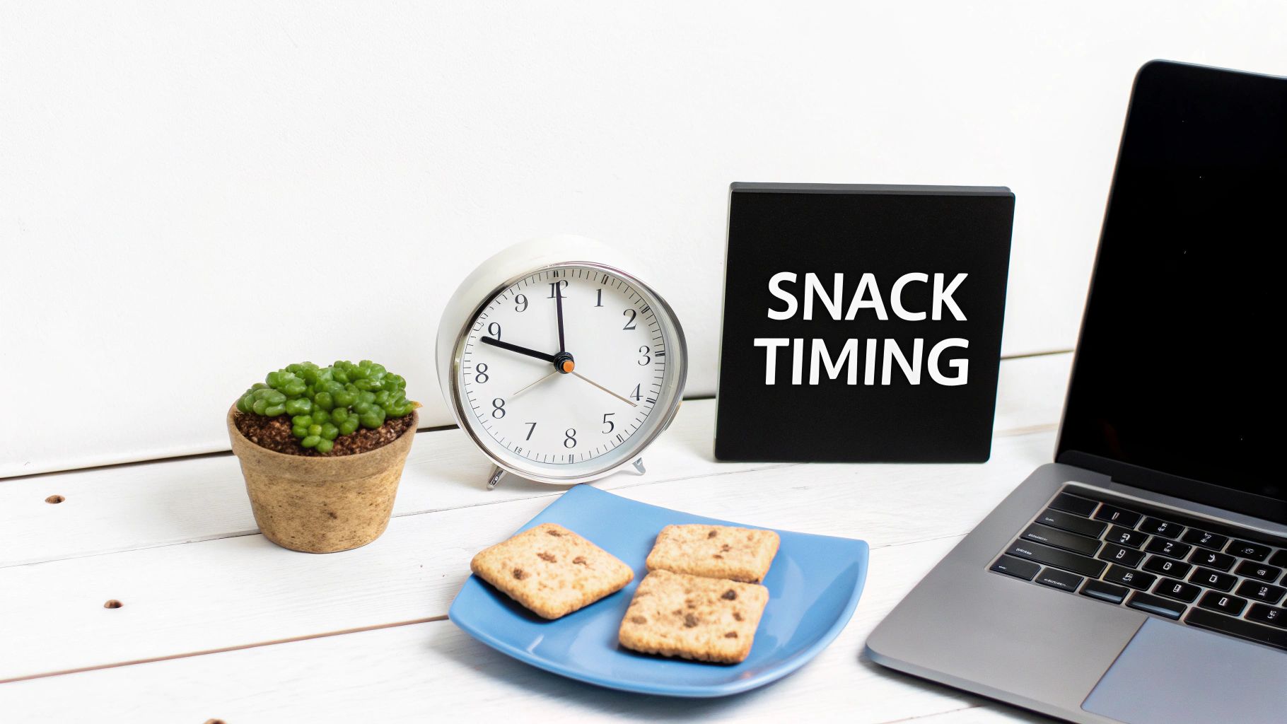 A white desk setup with a succulent plant, an alarm clock, a 'SNACK TIMING' sign, cookies, and a laptop.