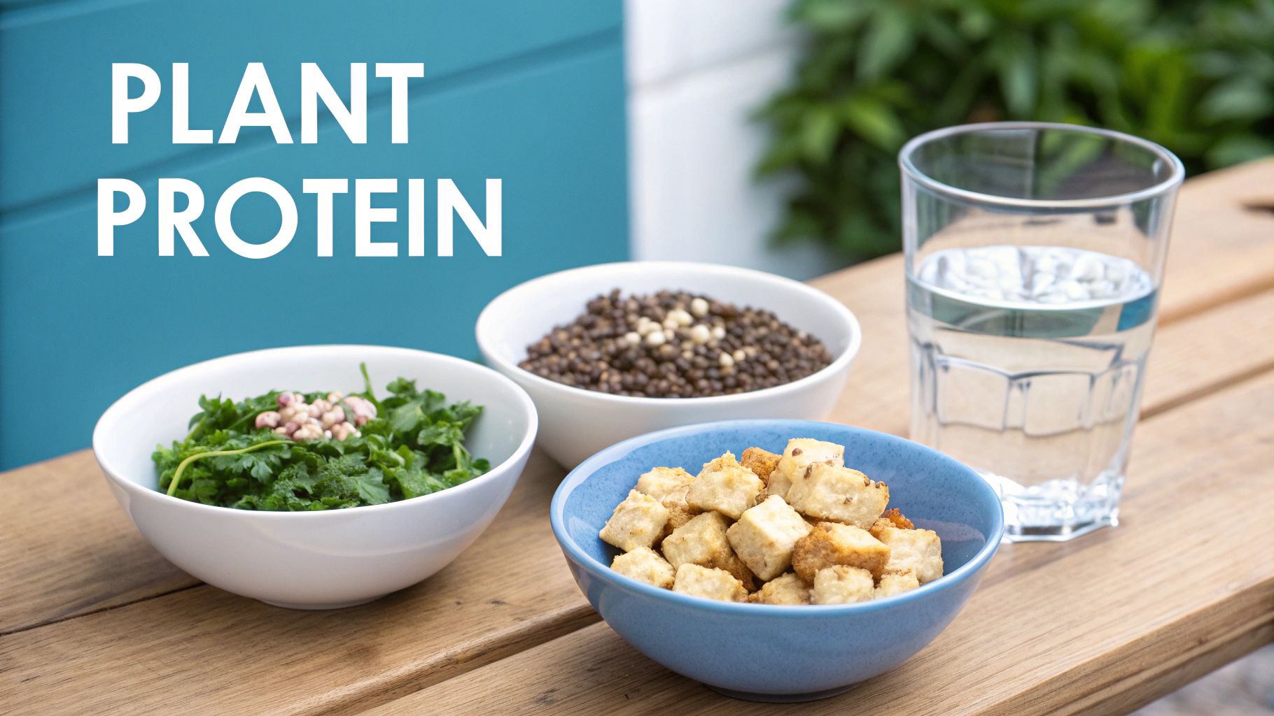 Three bowls of plant-based protein sources: greens, lentils, and tofu, with a glass of water.