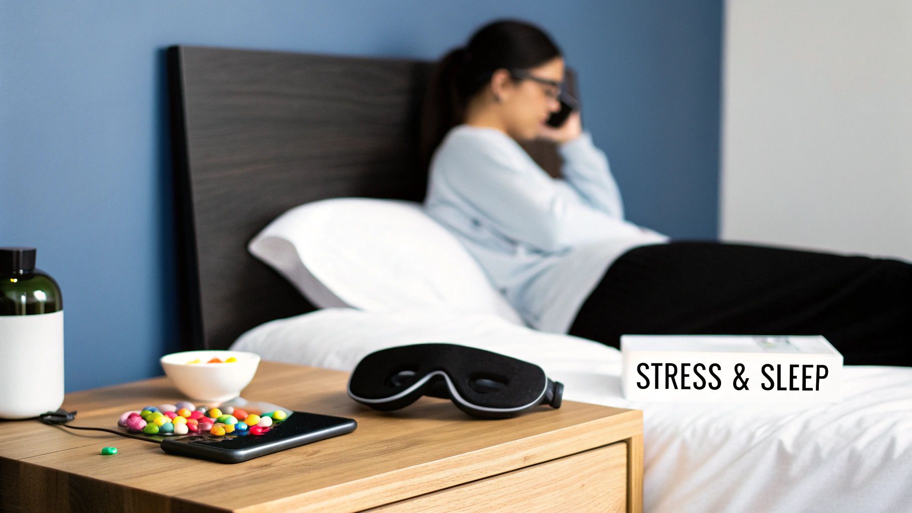 A woman in bed on her phone, surrounded by sleep aids and candy, dealing with stress and sleep issues.