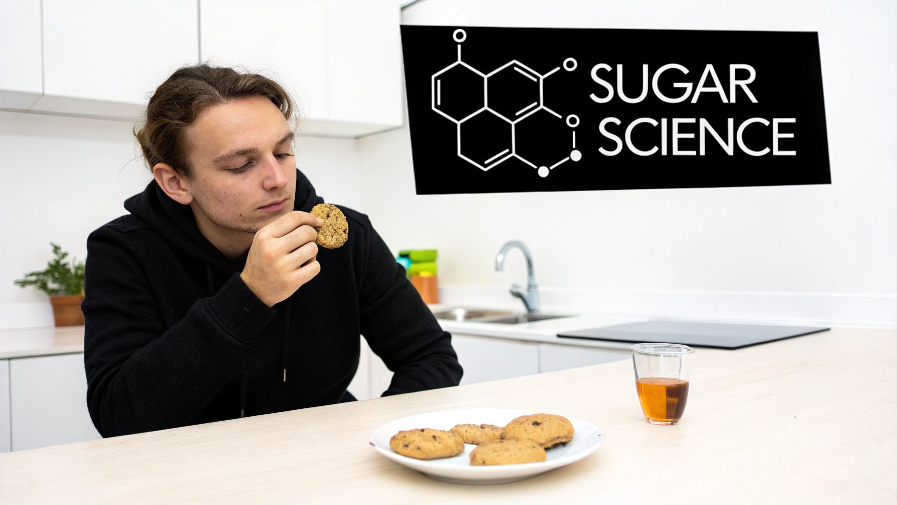 A young man smelling a cookie in a modern kitchen with a 'Sugar Science' graphic.